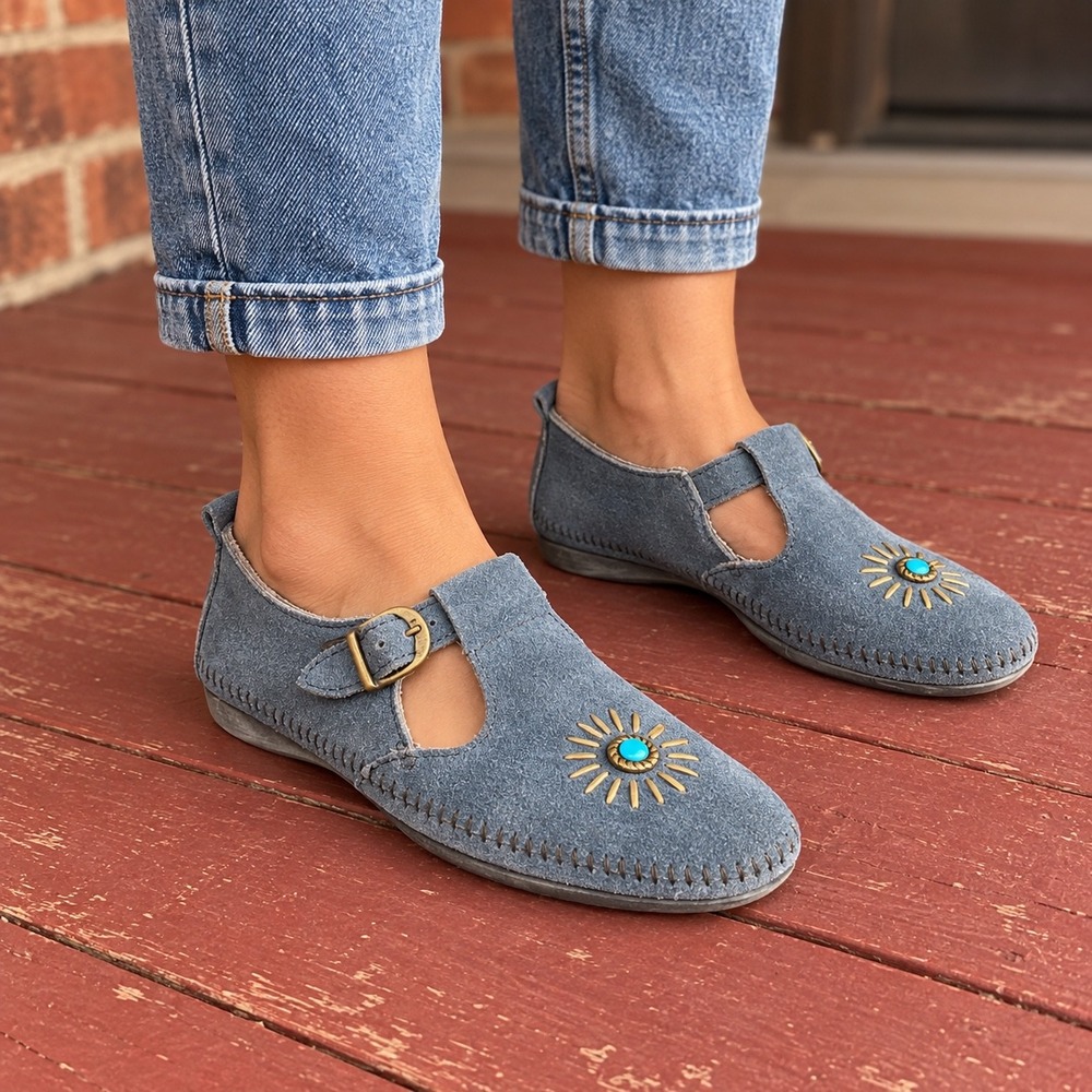 Vintage Minnetonka Moccasin Blue Suede Sunburst T-Strap Flats Size 8 Western